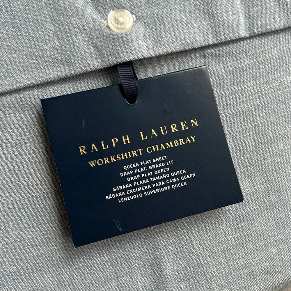 NEW $215 Ralph Lauren Chambray Workshirt queen flat Sheet only Blue cotton